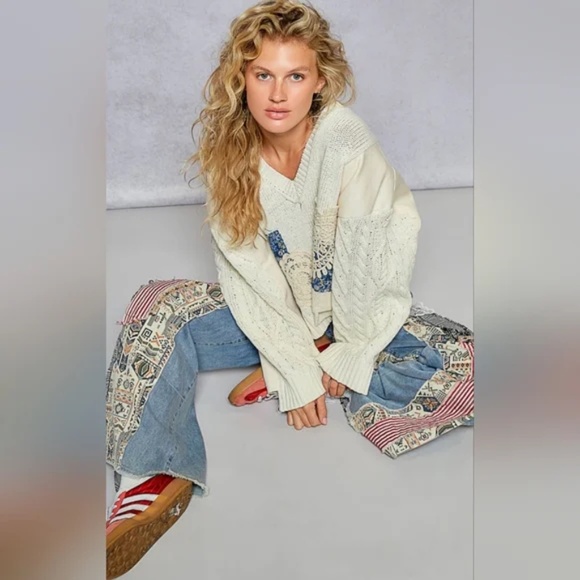 POL V neck Cream Floral Plaid print Oversized Sweater Top - Picture 4 of 6